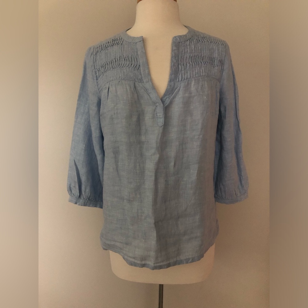 NEW Joie 100% Linen Boho Top M 3/3 Sleeves V Neck Pin-tuck Detail Blue NWT